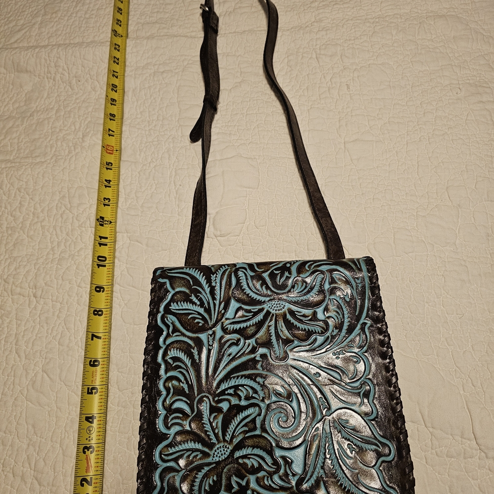 Patricia Nash Turquoise and Brown Crossbody Bag Tooled Leather Beautiful